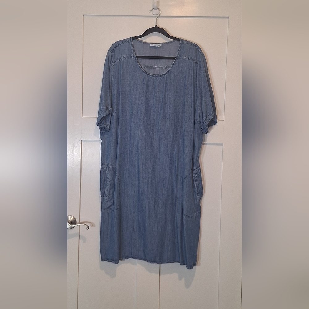 NorthStyle Chambray Lyocell Denim Midi Dress Pockets Stretch Sz 3X Short Sleeve